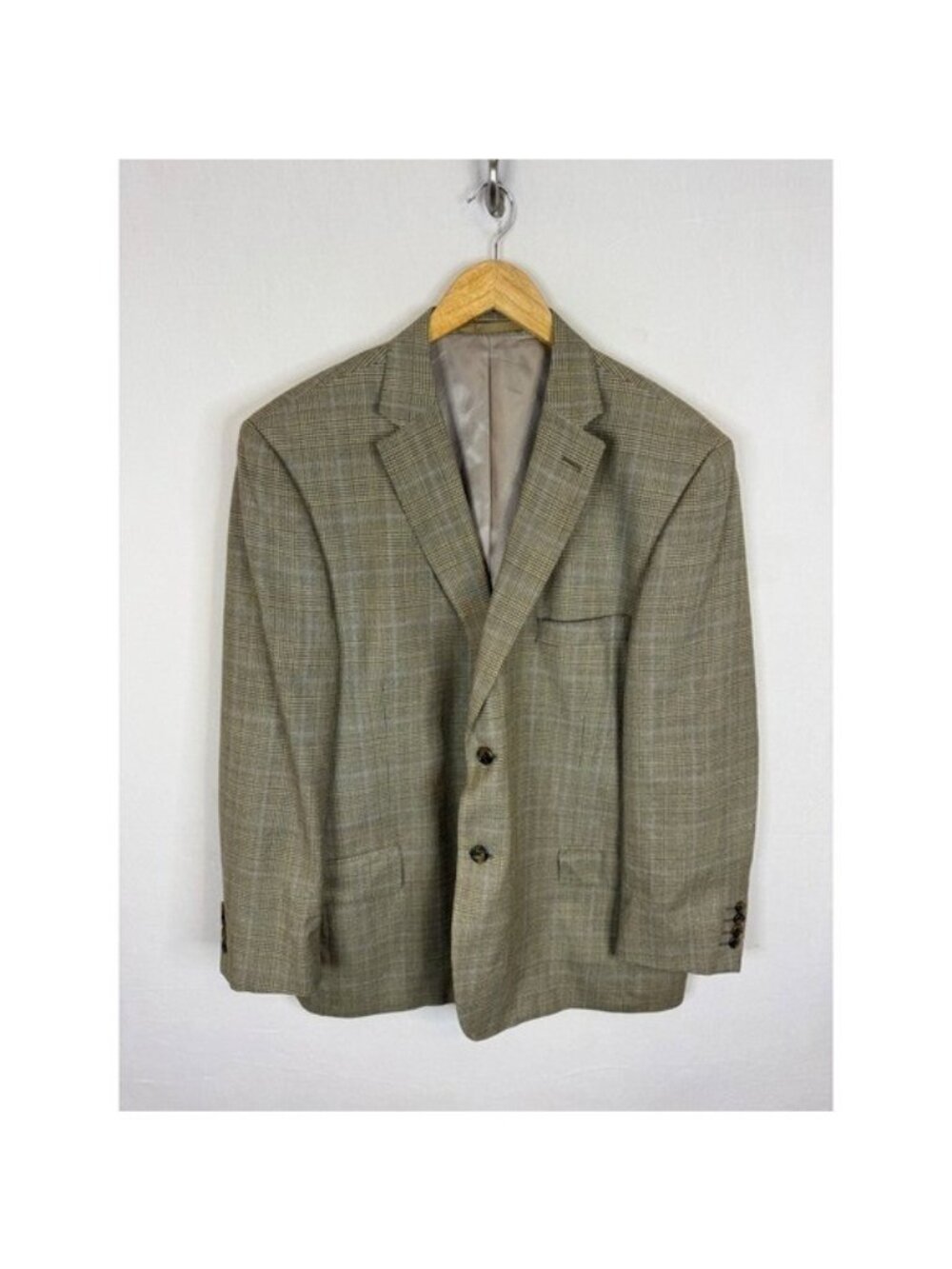 Austin Reed London Mens 46S Silk Wool Glen Plaid Blazer Sport Coat Olive Tan
